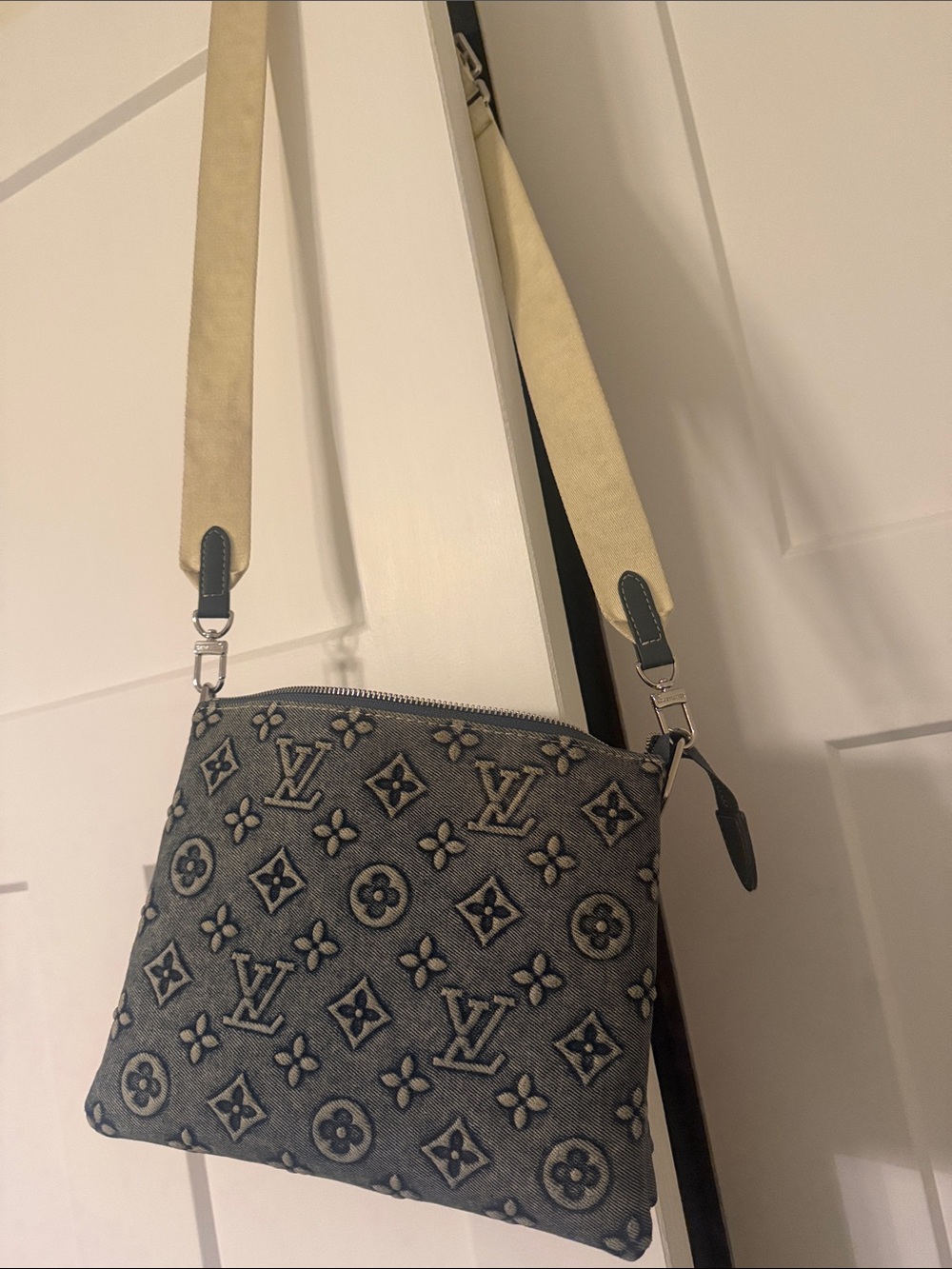 Designer-Inspired Blue Denim Crossbody with Beige Strap
